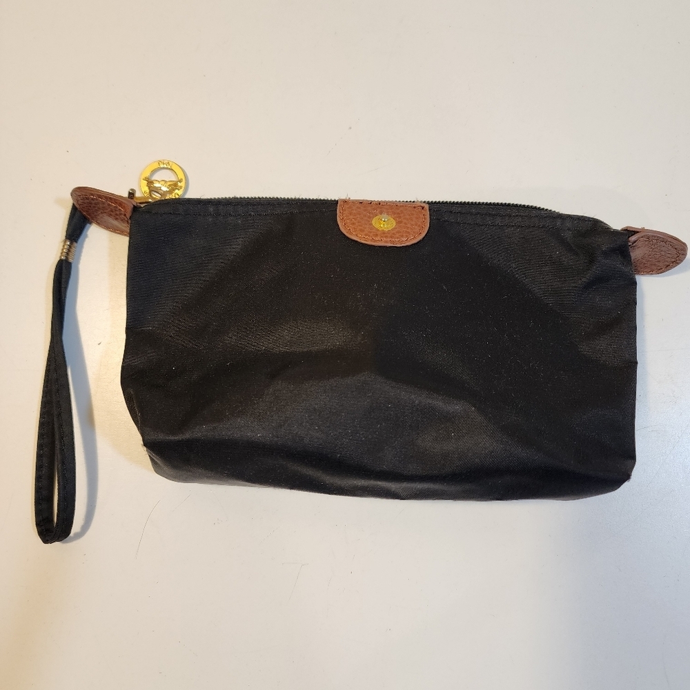 Black Nylon Cosmetic Pouch with Brown Leather Trim - Picture 6 of 10